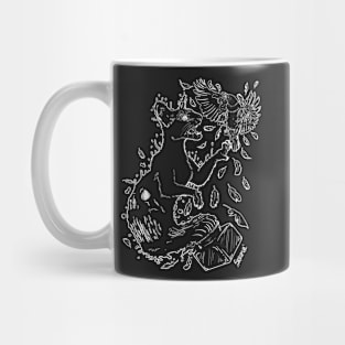 Black Oriental cat made of black ink is attacking black raven Mug